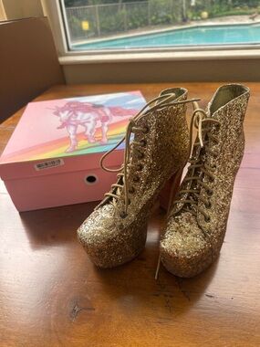 Jeffery Campbell Lita Gold Glitter Platform Lace-Up Ankle Boots